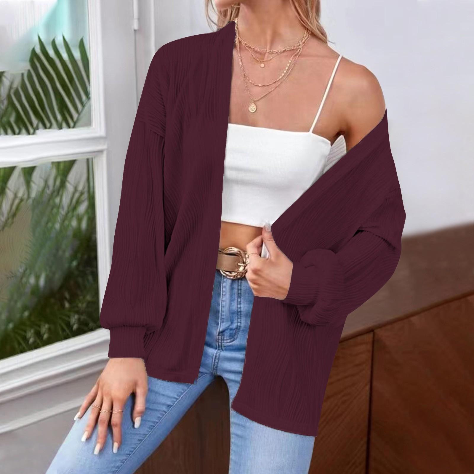 

Женская модная повседневная однотонная свободная куртка-кардиган с длинными рукавами XL винный