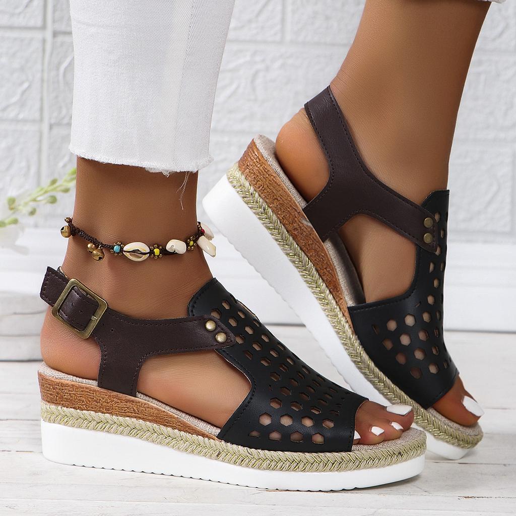 Large Size Spring and Summer New Hemp Rope Wedge Heel Women's Sandals Casual Hollow Fish Mouth Flat Bottom Buckle Beach Sandals