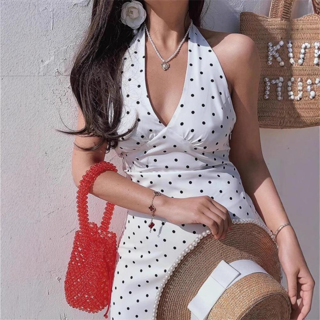 Robe Halter Blanche à Pois pour Femmes - Style Français Sans Manches Col V A-Line Jupe Courte