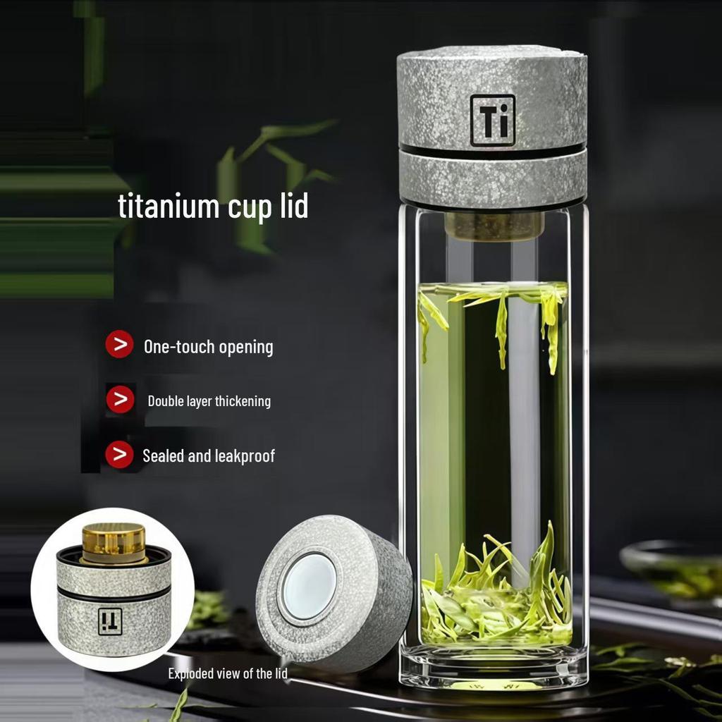 Titanium Lid Double-Layer Glass Tea & Water Separation Mug with One-Button Open - Portable Business Cup for Men