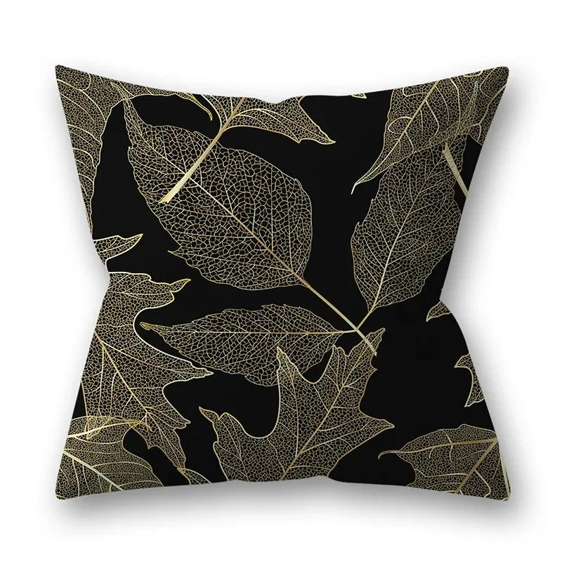 45x45cm Golden Feather Black Pillowcase Custom Leaves Plants Cushion Cover Sofa Living Room Home Decor Square Pillowslip