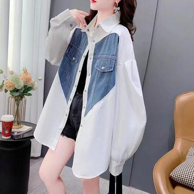 Blúzka v jarnom štýle Patchwork Denim Košeľa Ležérne Gombíky Ženy Voľná ​​košeľa s dlhým rukávom