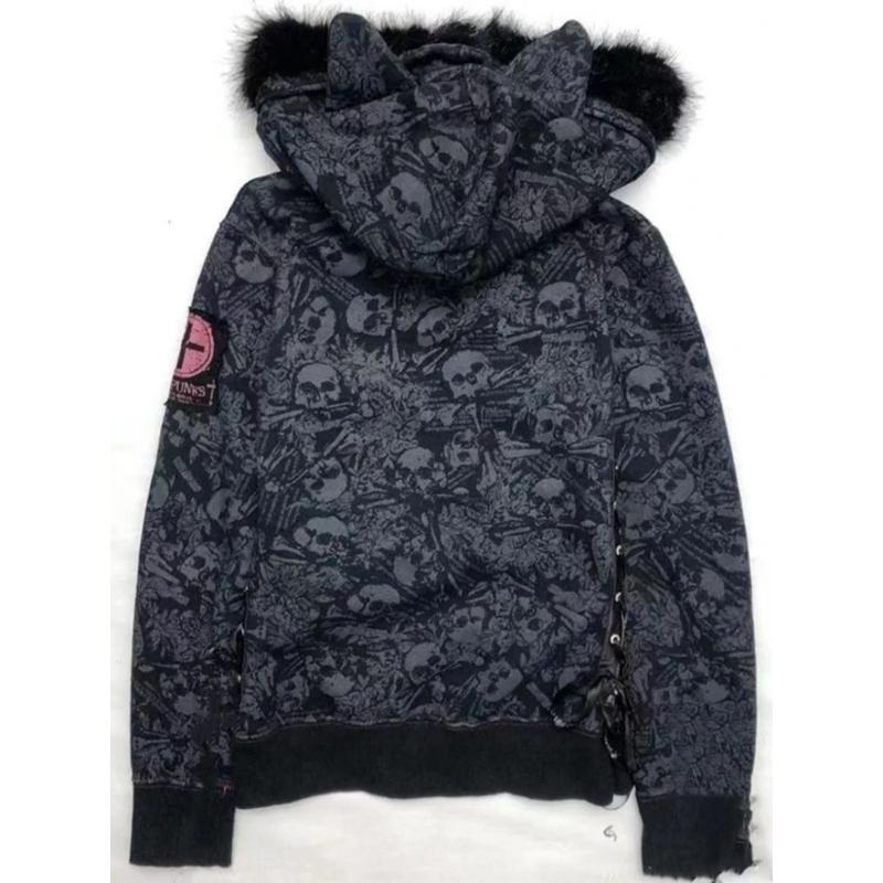 Goth lebka tisk Y2k mikiny bundy ženy vintage Harajuku kabát estetický grunge patchwork s kožichem bundu s kapucí víla zipový kabát