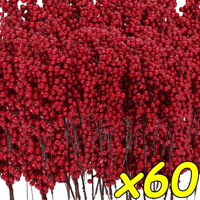 Christmas Red Berries Branch Fake Plants Flowers Artificial Holly Berry Stamen Wreath Ornaments for Xmas Tree Party Home Decor