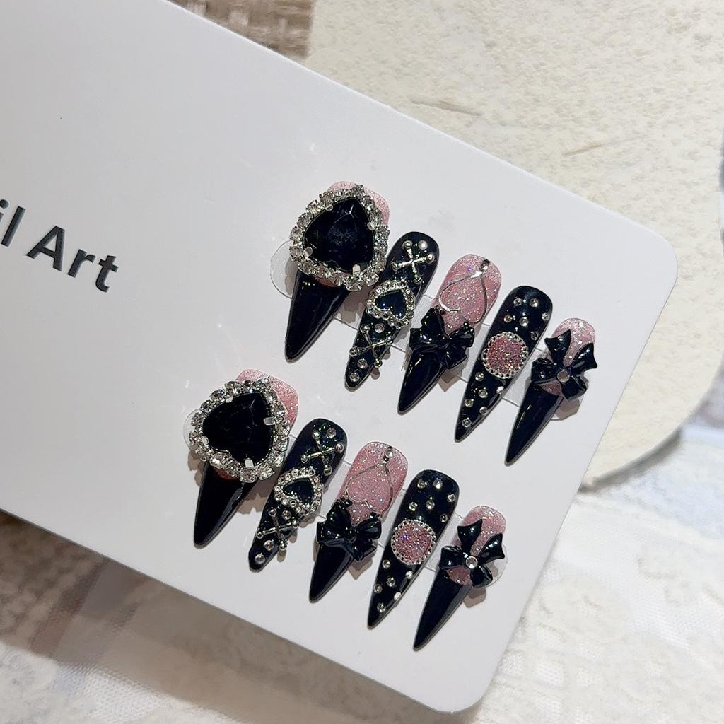 10Pcs Retro Black Rose Cat Eye Press On Nails Luxury Pearl Diamond Butterfly Long Stiletto False Nails