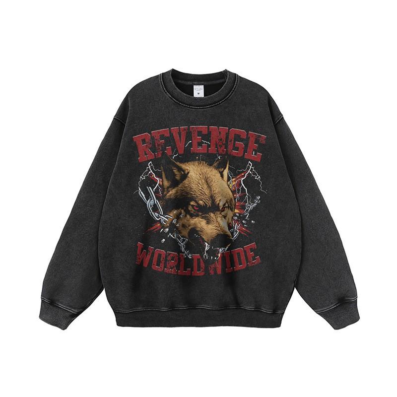 Mens Oversized Distressed Washed Hoodie With Wolf Graphic Print Streetwear Long Sleeve Cotton Sweatshirt