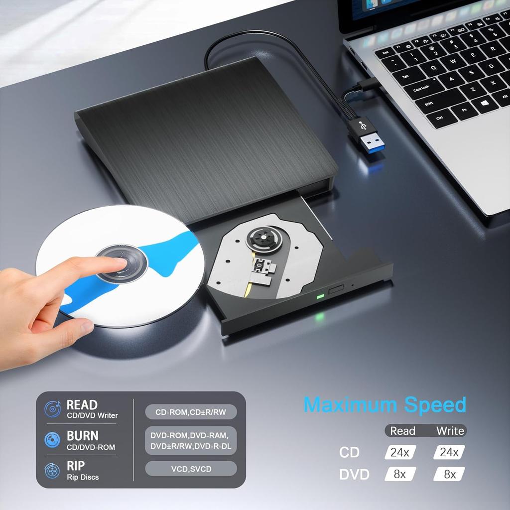 External DVD CD Drive, 2 In 1 USB 3.0 Type-C Portable CD Burner, CD ROM +/-RW External CD Player for PC Laptop Desktop