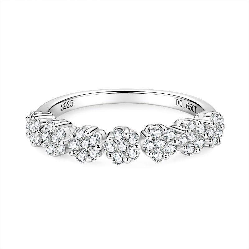 925 Silver 0.65CT 1.6mm & 1.5mm Round Moissanite Flower Half Eternity Band Lady Seven Little Flowers Exquisite Half-body Ring 4