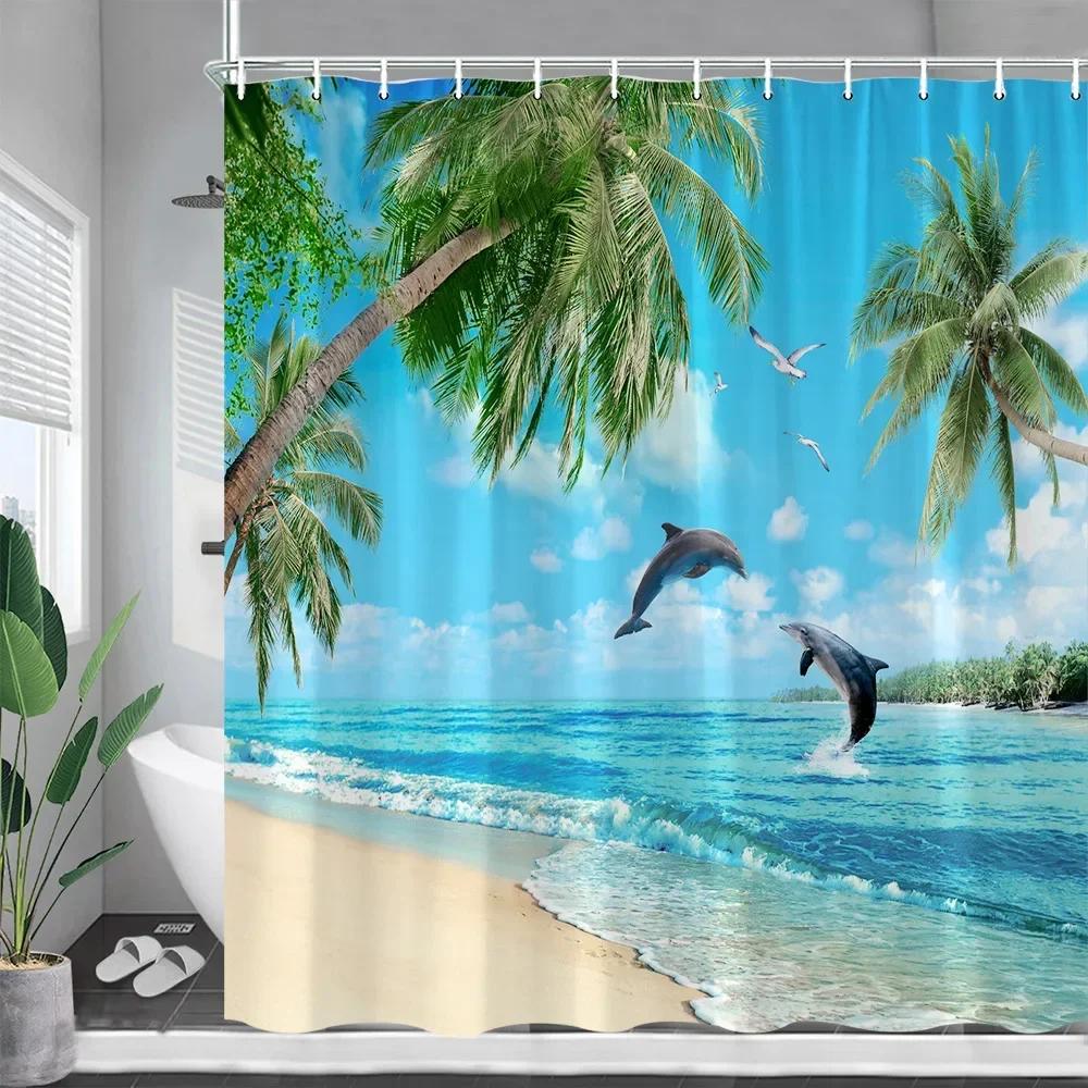 Ocean Landscape Shower Curtains Beach Coconut Tree Dolphin Sea Waves Summer Nature Scenery Bath Curtain Cloth Bathroom Decor Set