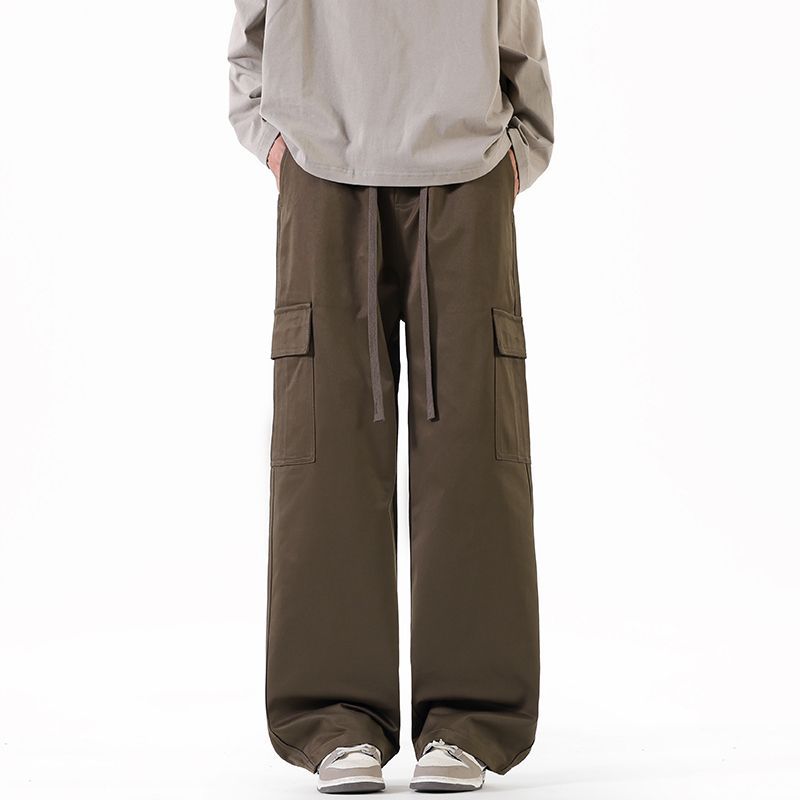 Spring New Big Pocket Tooling Casual Pants Thick Solid Color Simple Trendy Brand Loose Straight Long Pants Men