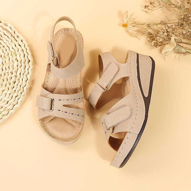 Women's Fashion Trend Wear Comfortable Matching Color Sole Pure Black Shoe Velcro Wedges Heels Designer Sandals