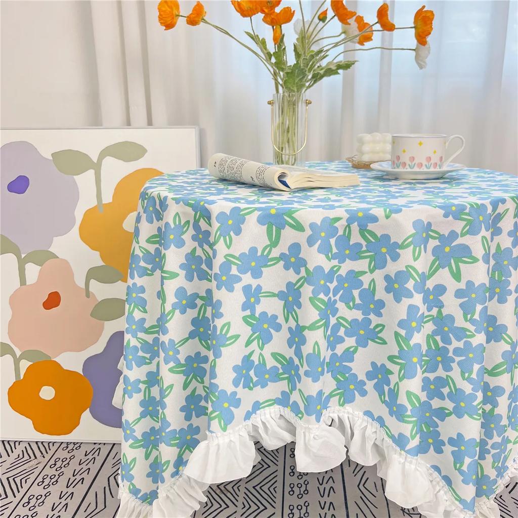 White Pleated Border Printed Tablecloth Flower Pattern Brushed Fabric Table Cover Rural Style Rectangular Dining Table Cloth