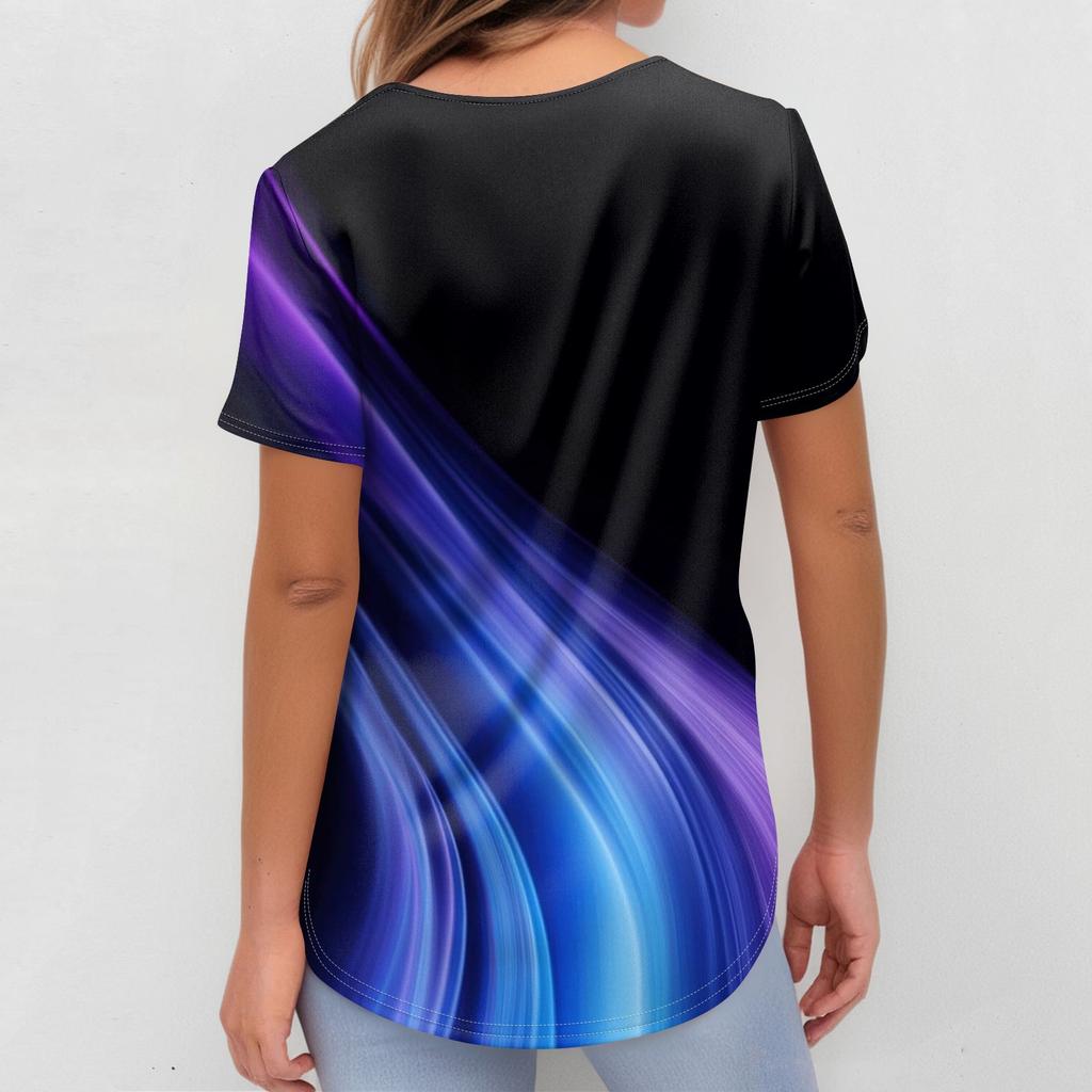 Damen Modisches bedrucktes kurzärmliges Oberteil mit V-Ausschnitt und kleiner Tasche für die Arbeit