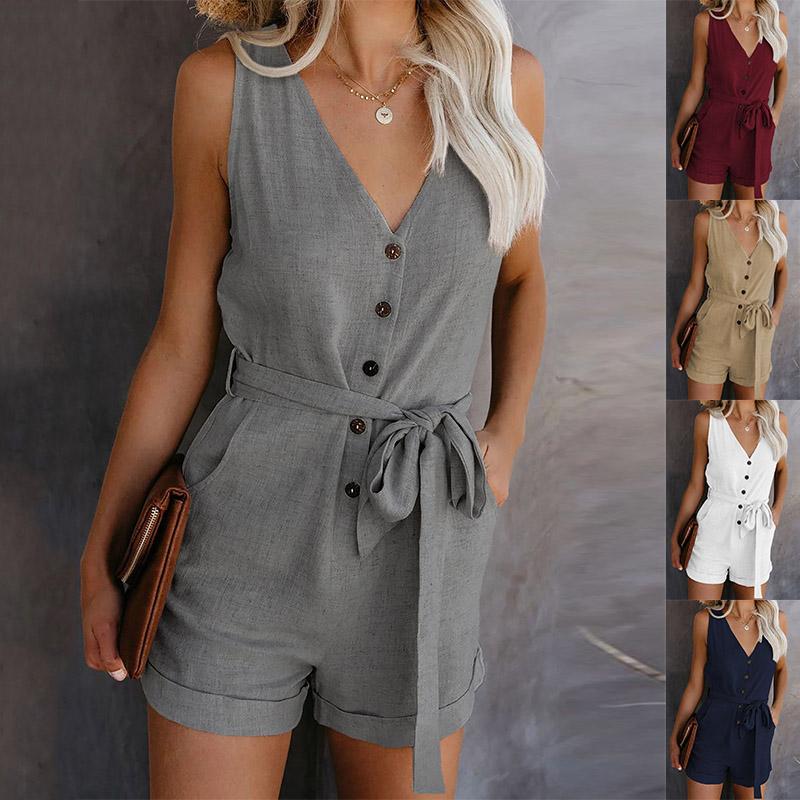 Women V Neck Sleeveless Button Jumpsuit Romper Elegant Tunic