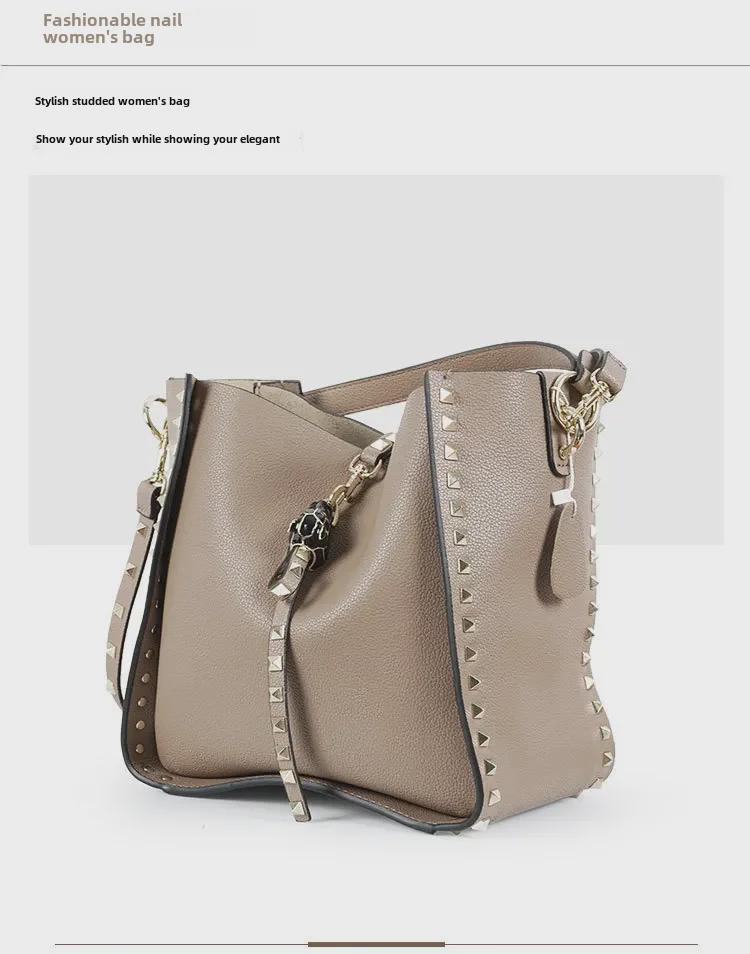 Women's Retro Rivet Cowhide Bucket Bag with Leopard Head Design