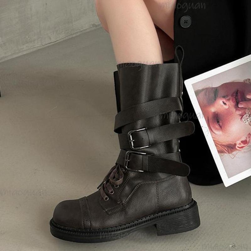Design Metal Belt Buckle Mid Calf Boots Women 2025 Punk Medium Heel Western Cowboy Boots Autumn Winter Shoes Women 35 36