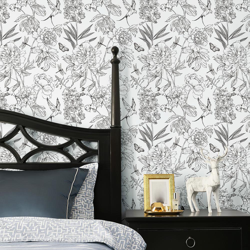 Retro Line Sketch Floral Wallpaper White And Black Flower PVC Furniture Cabinet Sticker Vintage Birds Removable Wall Decor