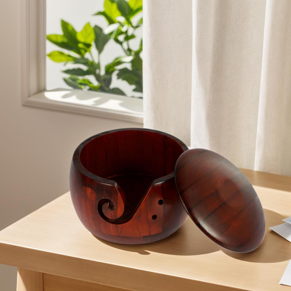 Bol à fil en bois Bol à fil à tricoter avec couvercle Organisateur de pelotes de laine Bol de rangement portable pour la laine Accessoires de crochet