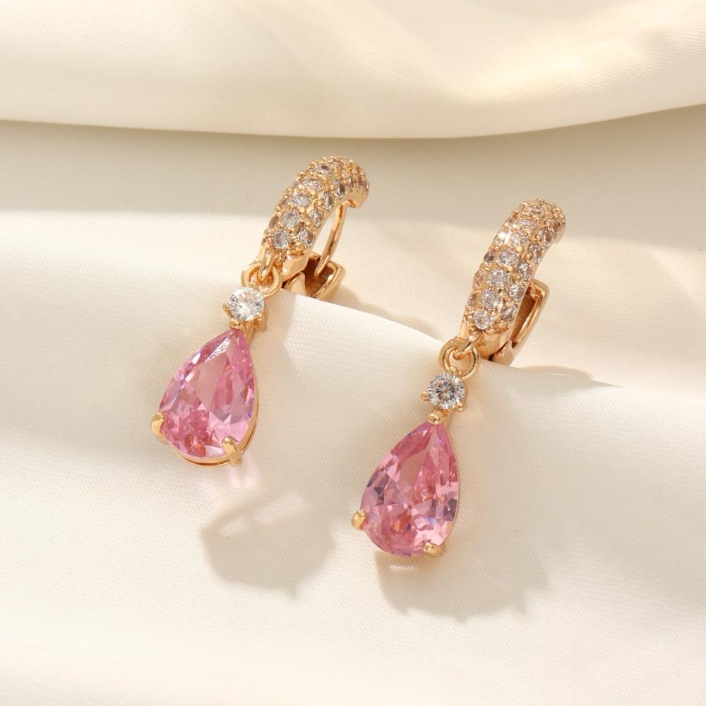 Golden Plated Copper Pink Teardrop Zirconia Drop Earrings for Women розовый
