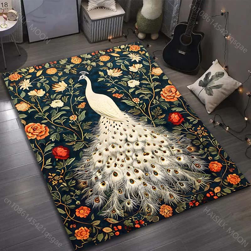 White Peacock and Flowers Printed Carpet for Bedroom Living Room Bedside Sofa Floor Mat Modern Home Decor Area Rug for Gifts