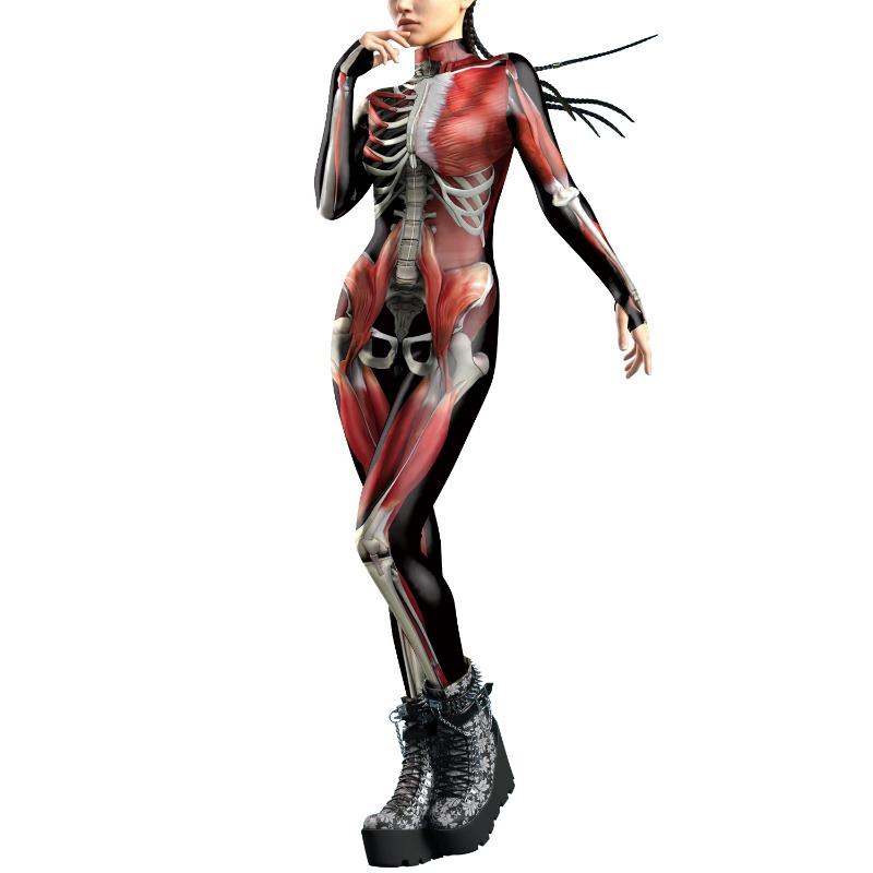 New Halloween Muscle Human Skeleton Digital Printing Button Hand Skinny Elastic Women's onesie Women's