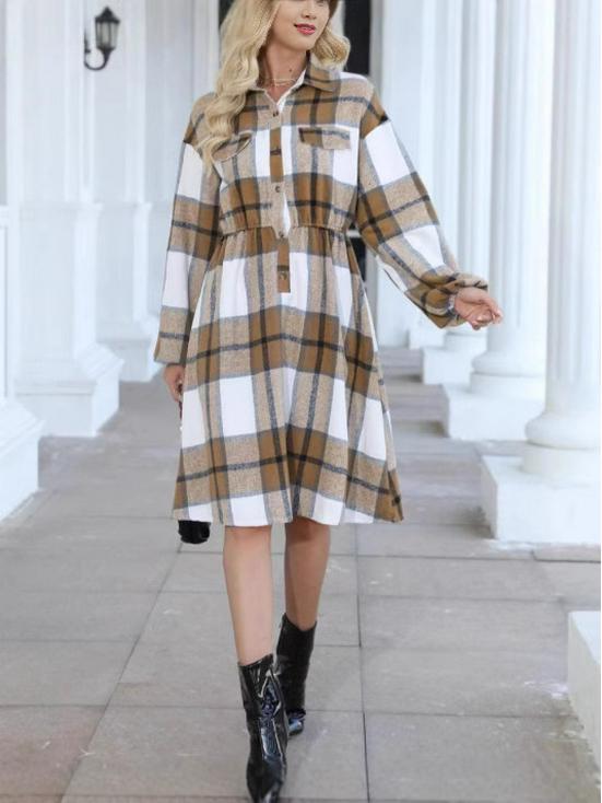 Plus Size 2005 European & American Plaid Jumpsuit: Casual Lapel Waist-Hugging Long-Sleeved Dress