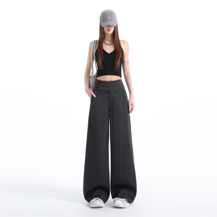Women's Retro Grey Wide-Leg Suit Pants - Spring Casual, Versatile & Comfortable