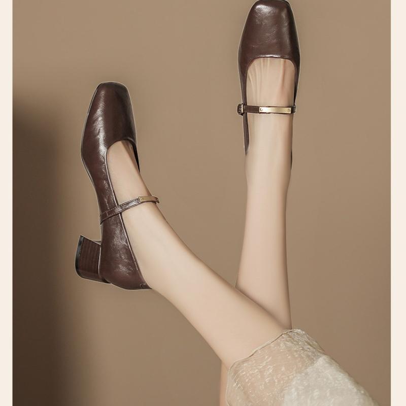 Autumn Winter New Soft Leather Mary Jane Shoes Chunky Heel Square Toe Retro Strap Comfortable Women Shoes Non-Slip Comfort