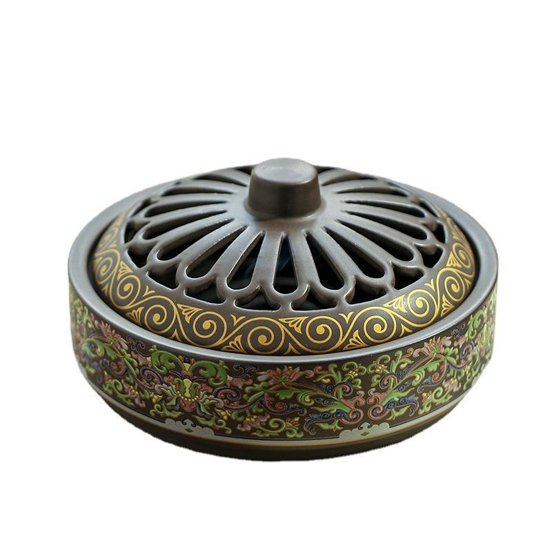 Ceramiczny kadzielnica Censer Uchwyt na kadzidła w krążkach i patyczkach Piec Dekoracja herbaciarni Emaliowany wzór lotosu Kryty piec na kadzidła stożkowe
