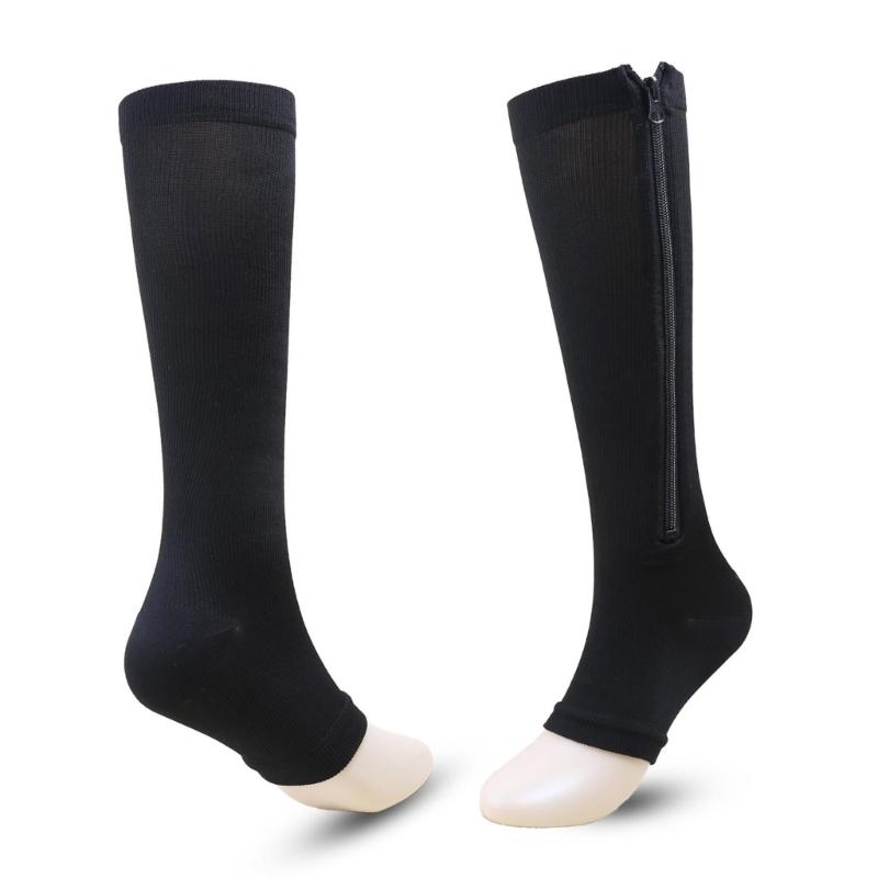 Zipper Compression Socks for Women and Men Over the Calf Knee High 15-20mmHg Open Toe Compression Stockings for Walking