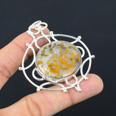 925 Silver Round Plume Agate Gemstone Daughter Unique Trendy New Pendant Jewelry