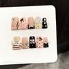 10Pcs Black Polka Dot Short Duckbill Press On Nails Handmade 3D Bow French Tip Musical Pattern False Nails