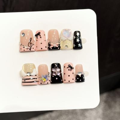 10Pcs Black Polka Dot Short Duckbill Press On Nails Handmade 3D Bow French Tip Musical Pattern False Nails