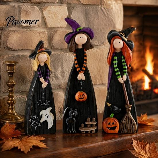 Hand Painted Witch Theme Gifts Halloween Wooden Ornaments, Distressed Figurines, Retro Tabletop Black Cat And Crow Holiday Accents Decoration