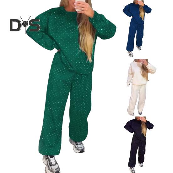 2 Pcs/Set Women Top Pants Suit Round Neck Long Sleeves Rhinestone Decor Sweatshirt Elastic Waist Wide Leg Trousers Daily Wear Sport Outfit Fall
