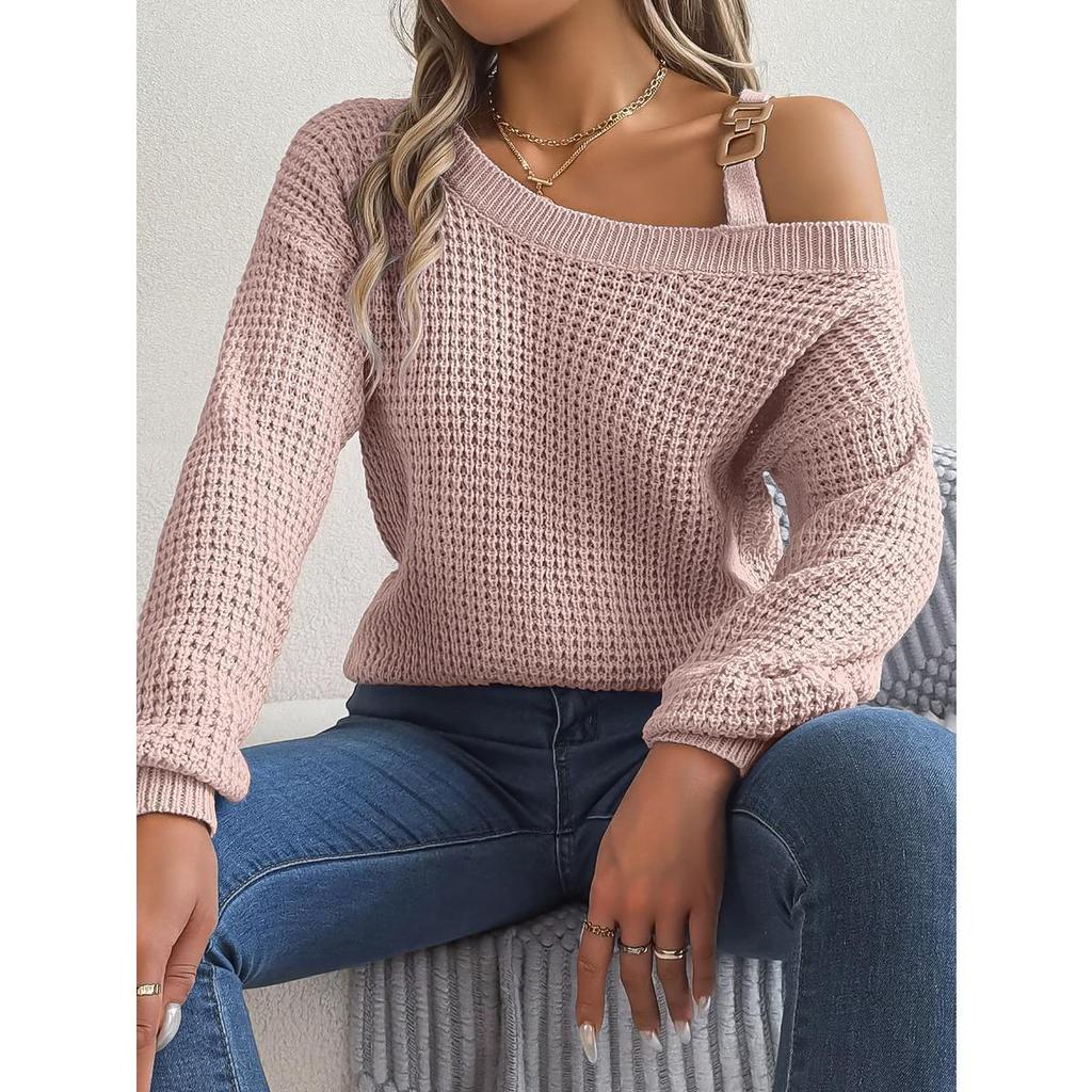 Automne et Hiver, Pour Femmes, Maille Décontractée, Boutons Métalliques, Épaule Dégagée, Manches Lanterne, Pull à Enfiler, Vêtements pour Femmes