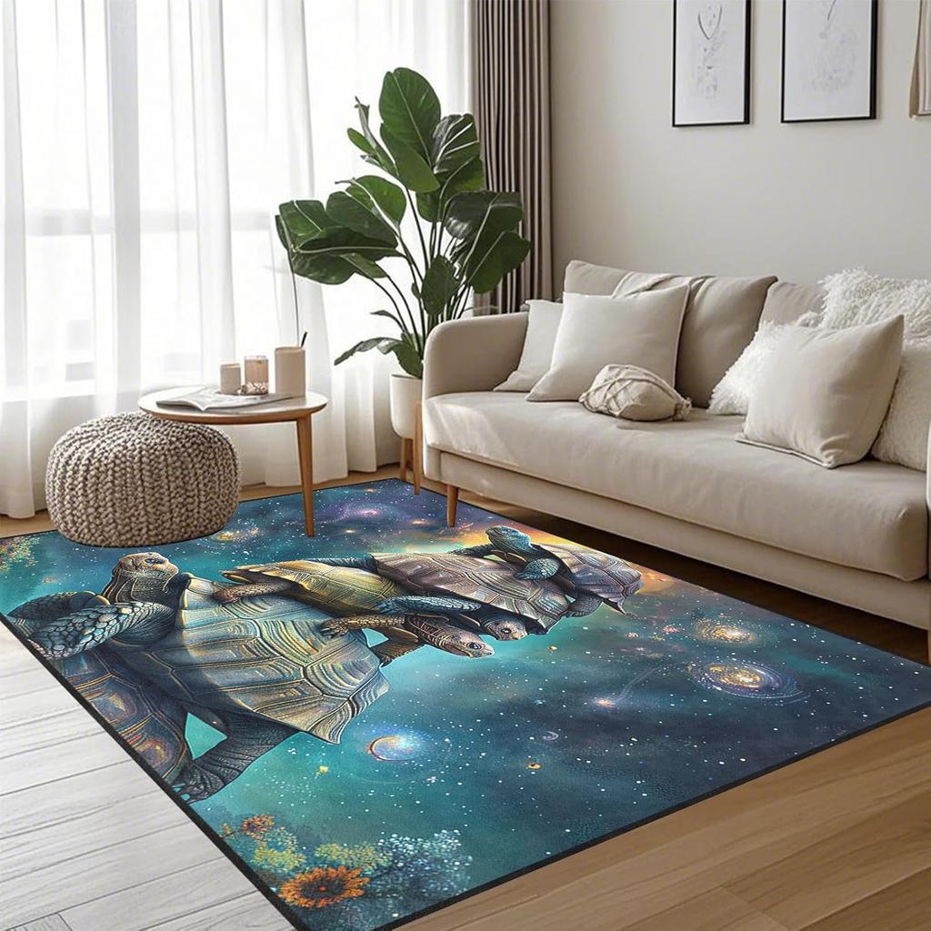 Funny Sea Turtle Rug for Kids Room, Galaxy Ocean Theme Carpet, Cartoon Playroom Floor Mat, Non-Slip Bedroom Rug