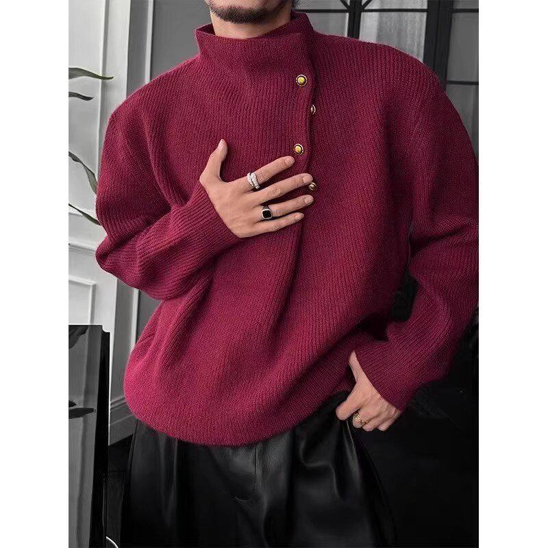 

Men s Korean Style High Neck Sweater with Irregular Button Design – Trendy Oversized Knitwear L красный