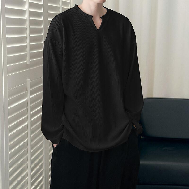 

Весна 2025 года, мужская мода, свитера с V-образным вырезом, мужская одежда, мужские однотонные повседневные футболки из ледяного шелка, мужские универсальные топы 2XL чёрный