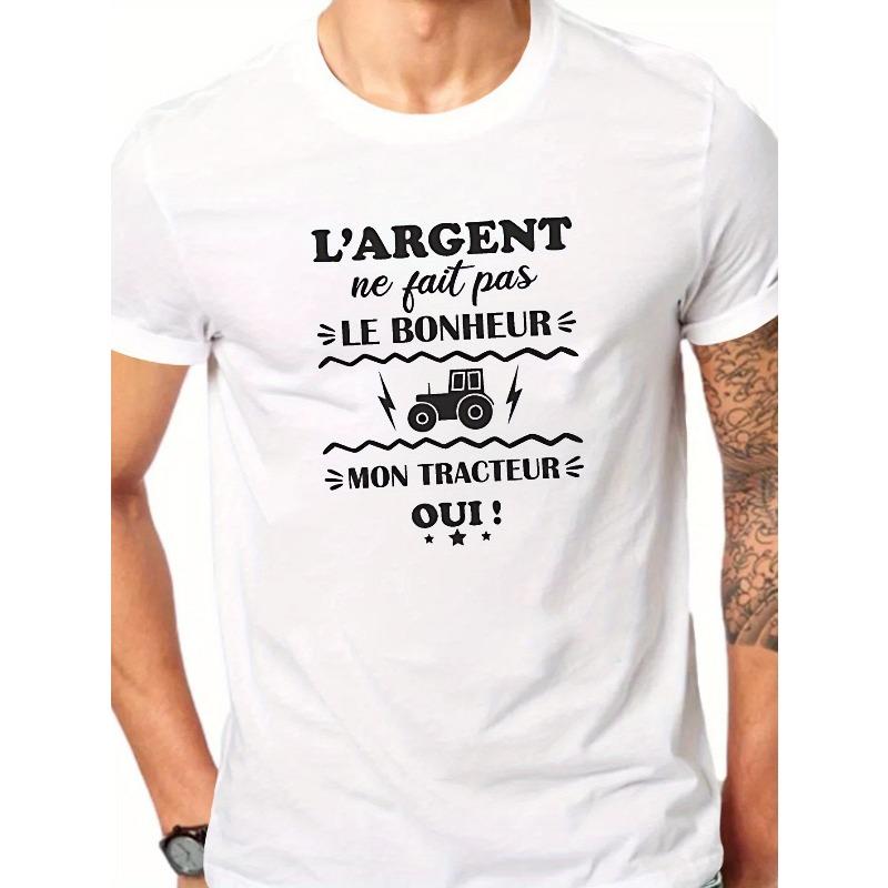

European Size Bliss Men s Casual Short Sleeve T-Shirt - French Text & Tractor Graphic Print, Geometric Pattern, Round Neck, Machine Washable S белый
