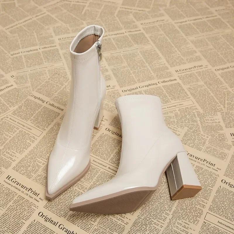 Autumn Womnen's High Heel Ankle Boots New Winter Plus Velvet Pointed Toe Chunky Heel Chelsea Boots for Women Heeled Sheos Dress