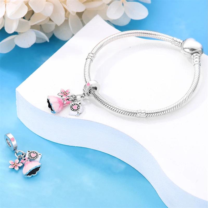 Charms Original Copper Pink Flowered Dress Beads Fit Bracelet Diy Fine Gift Women Delicate Jewelry Accessory