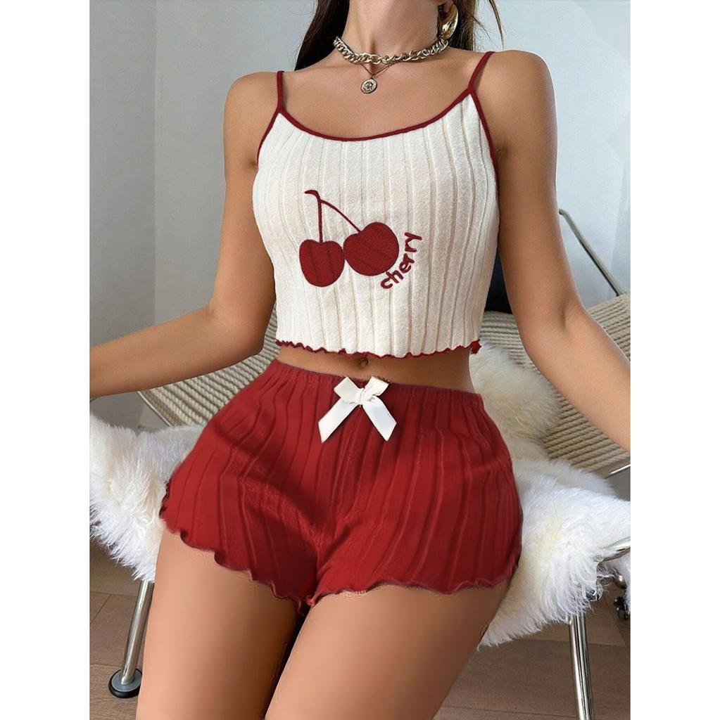 Summer 2pcs Pajamas Set for Women Casual Simple Ground Halter Vest Shorts Set Home Wear Sleepwear Loungerwear