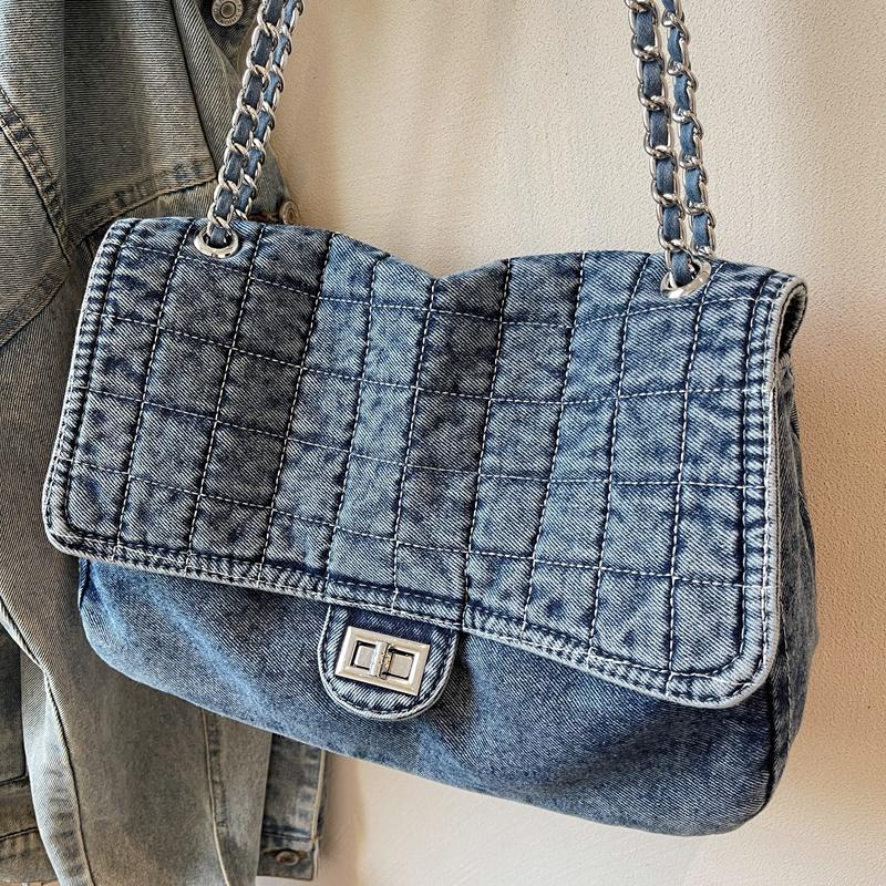 Vintage Denim Shoulder Bag Women's Large Capacity Chain Crossbody Bag