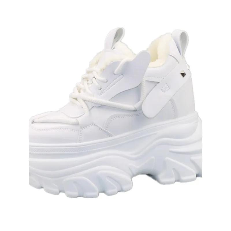 Fashion Winter High Top Leather Women Boots Platform Wedge Sneakers Chunky Shoes Hidden Heel 12CM White Black Women Casual Shoes