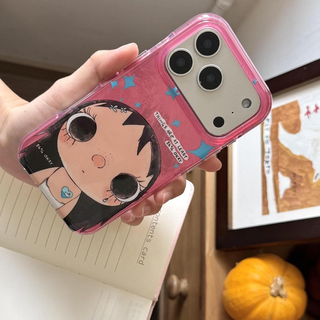 Pink Transparent Cute Cartoon Girl iPhone Case for Apple 16/17 Pro Max with Anti-Fall Protection