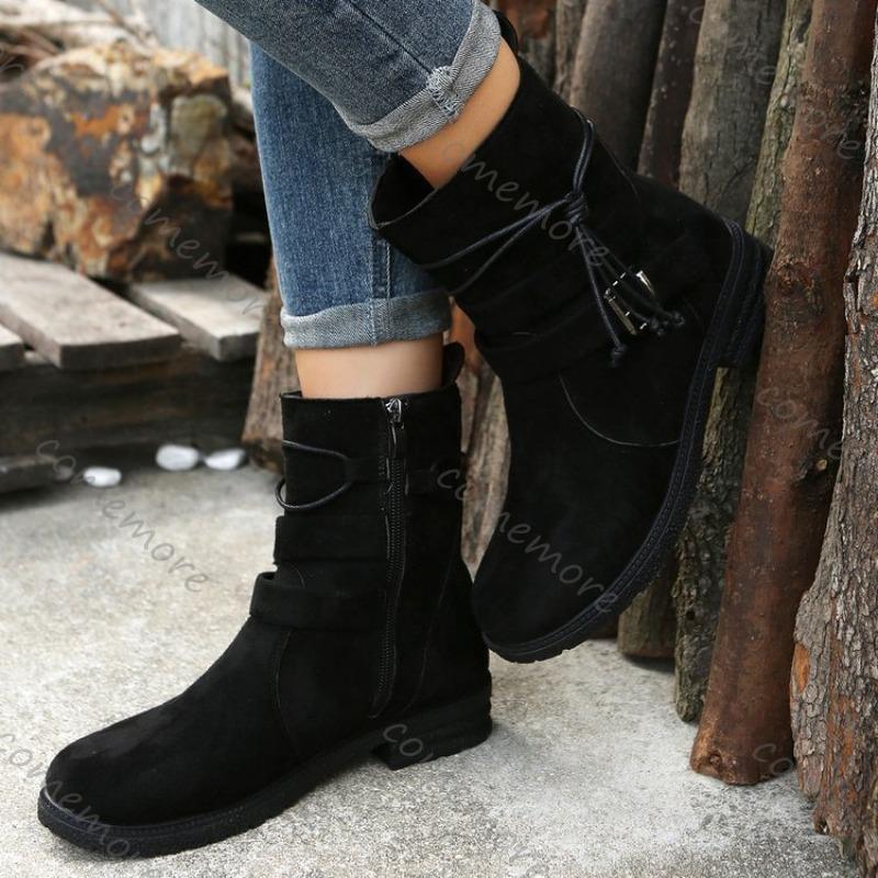 Fashion Comemore Women Retro Platform Buckle Round Toe Ankle Boots Autumn Side Zipper Woman Thick Sole Suede Short Solid Botas Mujer