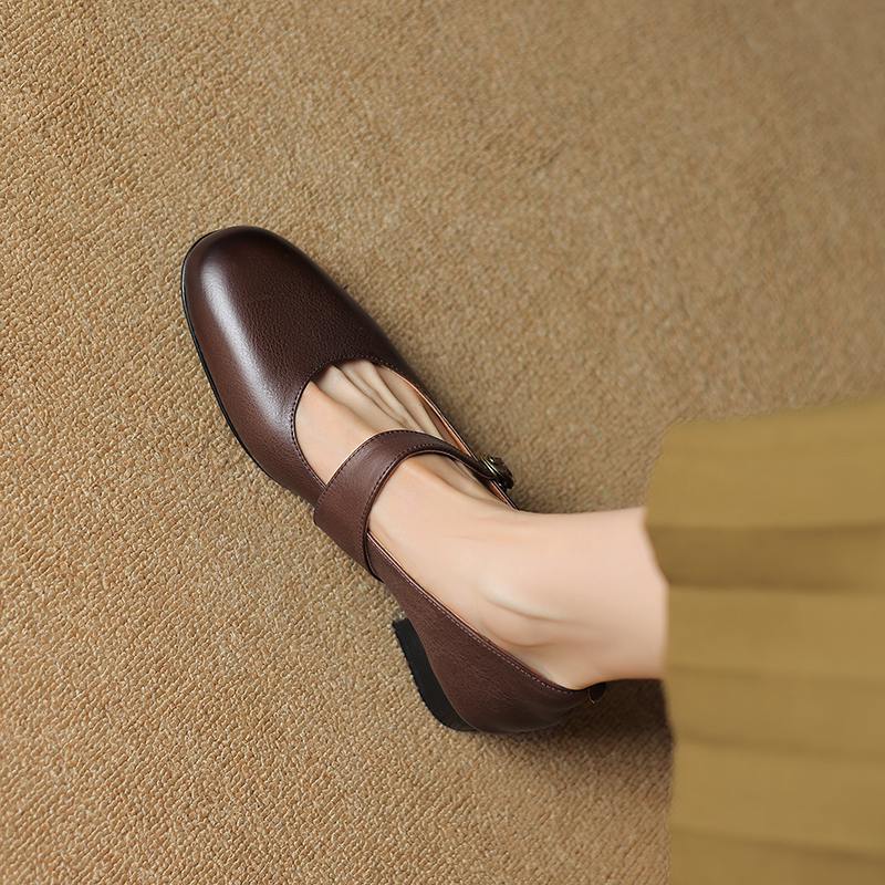 Hovězí kůže s kulatou špičkou tlusté střední podpatky podzimní boty Mary Janes pevné dámské lodičky