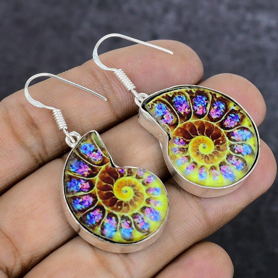 Ammonite Fossil Gemstone 925 Sterling Silver Jewelry Earring 1.85"
