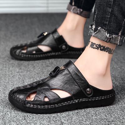 Fashion Men's Handmade Stitching Men's Black Sandals Two Wearing Slippers Summer Outdoor Male Footwear Firm Original Beach Men Slippers